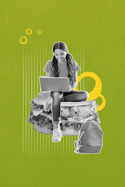 istock Composite sketch image artwork collage of green color backdrop silhouette young lady type laptopsit on huge food dinner burger cook toast 2218591558
