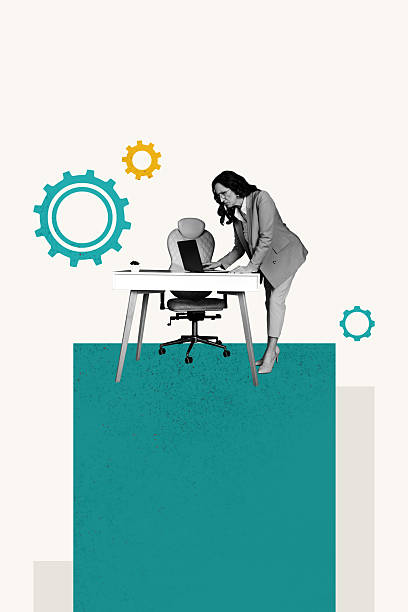 istock Vertical collage picture mature lady boss employee cogwheels gears configuration setting optimization process organization 2218592083