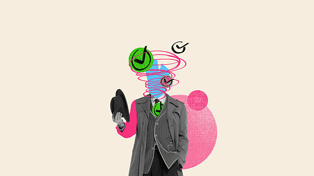 istock Burnout Warning. Head whirlpools into task windows showing stress and overload with check marks against beige backdrop. Surreal artwork 2218602042