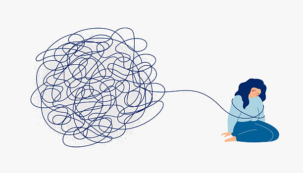 istock sad woman is bound by problems that weigh her down. Girl sits depressed and sad, with a tangle of hardships hanging over her. vector 2218603851