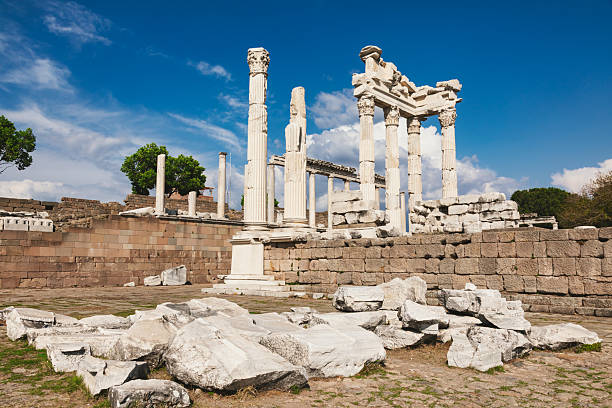 Ruins of the Temple of Trajan with marble columns stand atop the Pergamon acropolis in Bergama, Turkey