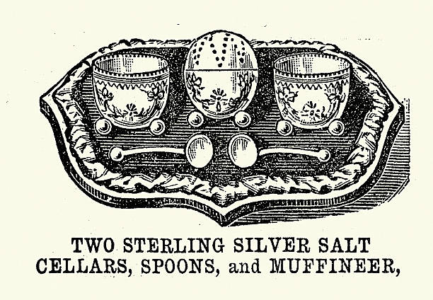 Victorian silver salt cellars, spoons and muffineer (sugar shaker), Vintage illustration 1880s