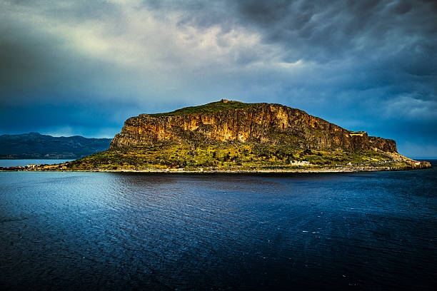 Monemvasia, Greece—April 22, 2025. Photo taken of the peninsula where Monemvasia is located. The peninsula is surrounded by the Myrtoan Sea.