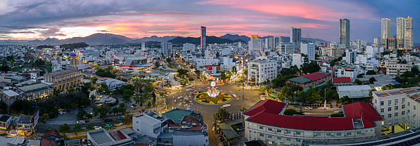 Drone panorama view the center of Nha Trang city in sunset - Khanh Hoa province, central Vietnam