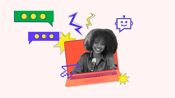 istock Creator talk. Smiling woman with microphone inside screen surrounded by speech bubbles and chatbot signs. Vibrant art collage 2218612913