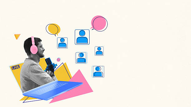 istock Streaming live. Man with pink headphones talks into mic while digital audience icons react on screen. Conceptual art collage. 2218612916