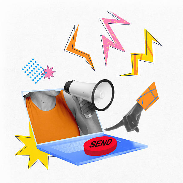 istock Instant message. Hand pushes red send button as woman with megaphone speaks from screen, showing fast voice response. Modern collage 2218612920