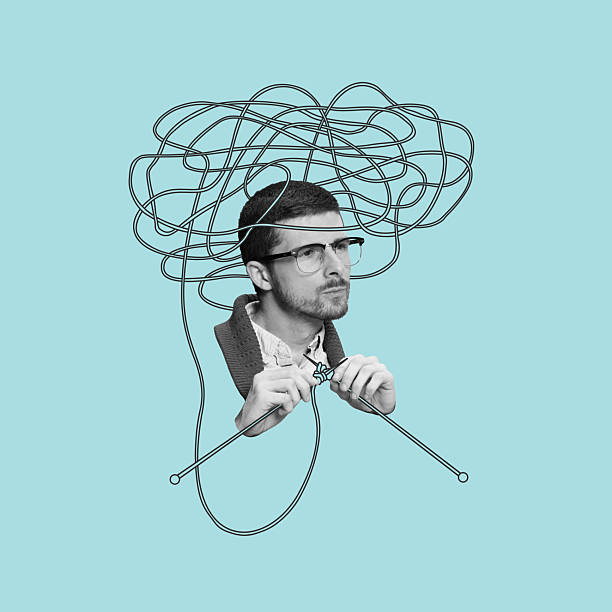 istock Thread of Thought. Man knits red yarn into brain above, showing how thinking forms slowly and mindfully. Conceptual art collage 2218613595