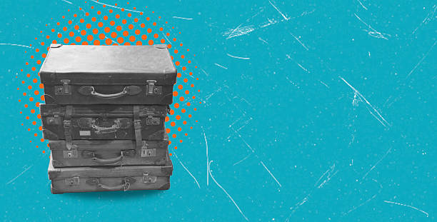 Modern art collage with image of stack of suitcases on blue background, copying spatiality.