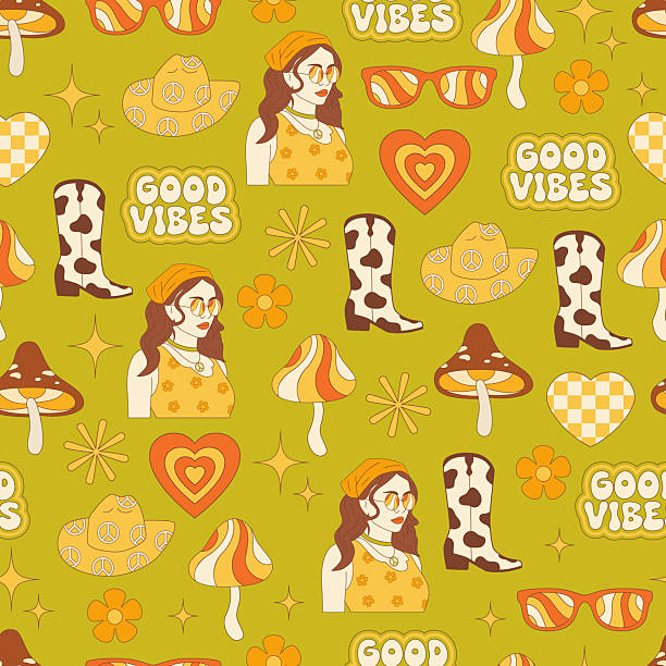 Hippie green seamless pattern Hippie green seamless pattern with a hippie girl and mushrooms girl with cowboy hat stock illustrations