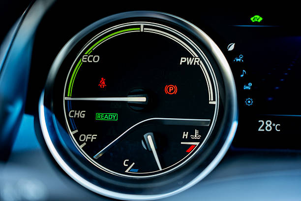 istock Hybrid Electric Vehicle Dashboard Display with Eco Mode, Power Mode, and Charge Indicators - Showcasing Eco-Friendly and Low Emission Automotive Technology 2218627696