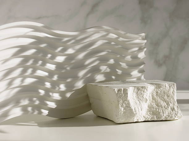 White stone pedestal, product presentation podium, template, white marble background, sunlight shadow. Abstract concept, empty podium display product, showcase for cosmetic products . Copy space