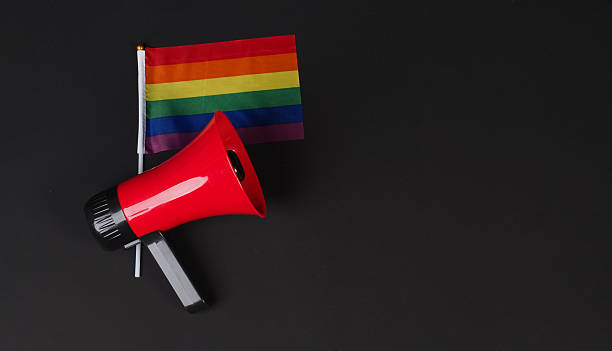 istock Pride flag and red megaphone on black background 2218628992