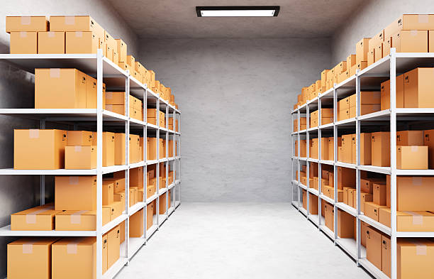 istock Goods packages lying on storehouse racks. Cardboard boxes on shelves 2218647597
