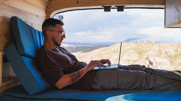 istock Freelancer working remotely on laptop in camper van enjoying mountain view in gorafe, spain 2218649302