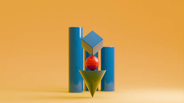 istock Minimal 3D abstract with cone, cube and glossy sphere on orange background 2218650397