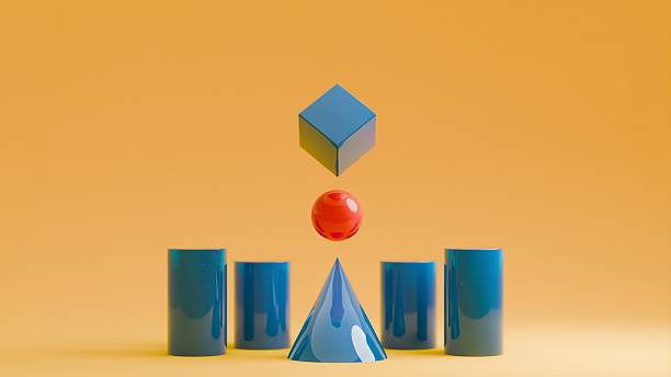 3D render of blue cube, red glossy sphere and blue cone in symmetrical balance with blue cylinders over solid yellow-orange background in minimal abstract composition.