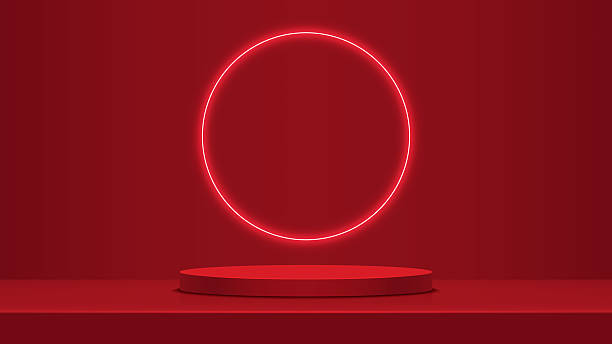 istock Realistic bright red cylindrical 3d podium with neon circle for the presentation and presentation of goods 2218660795