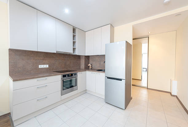istock Modern Minimalist Kitchen With White Cabinets and Stainless Steel Appliances 2218663109
