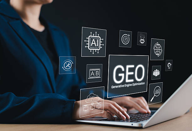 istock GEO Generative Engine Optimization Concept for Online Marketing. Businessperson using laptop with icons representing GEO, artificial intelligence, data analysis, coding, AI search, and web strategy. 2218663481