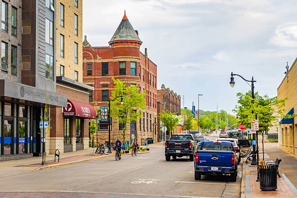 Eau Claire, WI, USA - 05-14-2025: Tourist-friendly street in downtown Eau Claire Wisconsin