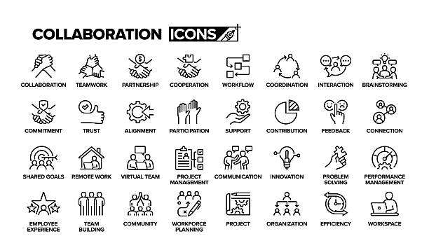 stockillustraties, clipart, cartoons en iconen met collaboration line icon set. group of object. teamwork, partnership, cooperation, workflow, commitment, brainstorming, interaction, communication, community. - samenwerking