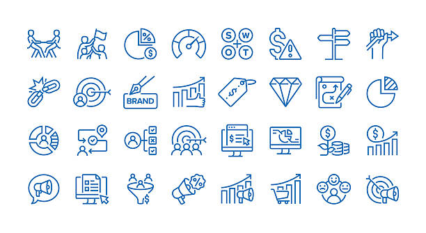 ilustraciones, imágenes clip art, dibujos animados e iconos de stock de conjunto de iconos de línea de análisis competitivo. grupo de objetos. mercado, benchmark, marca, mercado objetivo, segmentación de mercado, segmentación de clientes, promoción. - estrategia de negocio