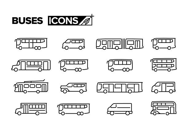 stockillustraties, clipart, cartoons en iconen met buses line icon set. group of object. bus type, trolley bus, shuttle bus, transportation, car, bus, city, land vehicle. - bus