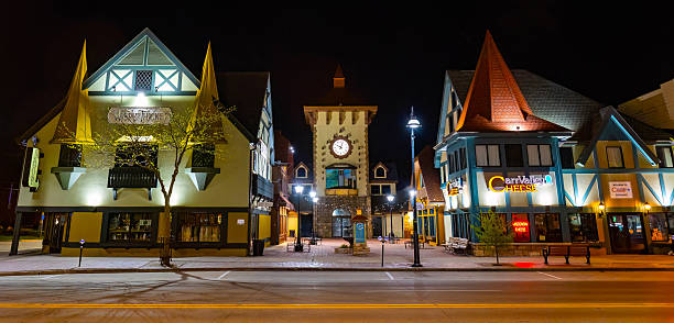 Wisconsin Dells, WI, USA - 05-09-2025: Bavarian Village and Wizard Quest Illuminated at Night