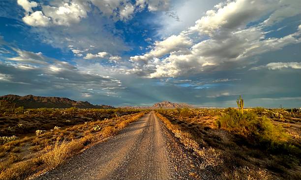 istock Gravel Road through Desert Landscape under Dramatic Clouded Sky 2218672040