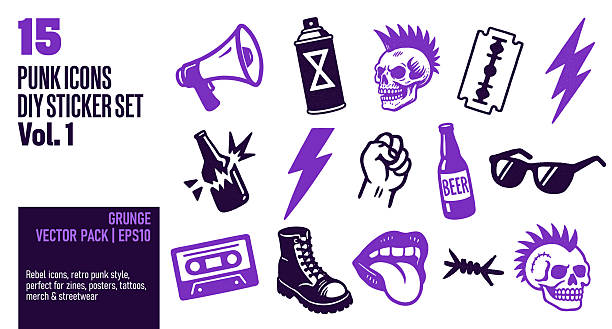 Retro grunge punk vector icon set Punk and grunge style vector icon set, ideal for posters, tattoos, zines, streetwear, and graphic design. combat boots stock illustrations