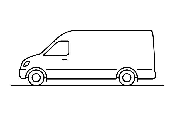 Van icon. Black outline linear silhouette. Editable strokes. Side view. Vector simple flat graphic illustration. Isolated object on white background. Isolate. Van icon. Black outline linear silhouette. Editable strokes. Side view. Vector simple flat graphic illustration. Isolated object on white background. Isolate. mini van stock illustrations