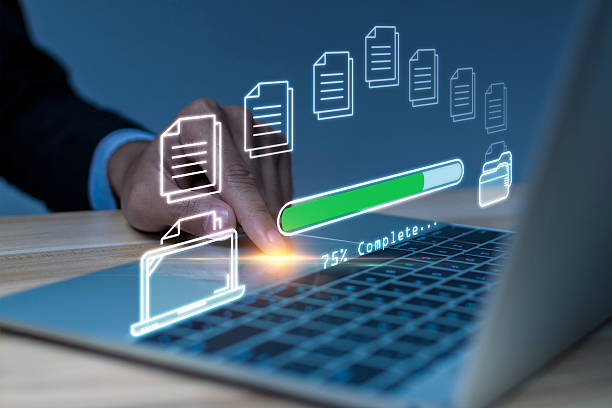 istock File Transfer. business people hand touching on laptop computer transfer file to cloud storage, cloud computing, backup storage management, artificial intelligence, cloud storage technology concept 2218685864