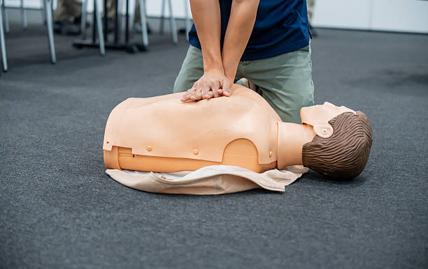 Healthcare and accident training class for emergency case at the factory. Essential tools for teaching and practicing CPR skills.
