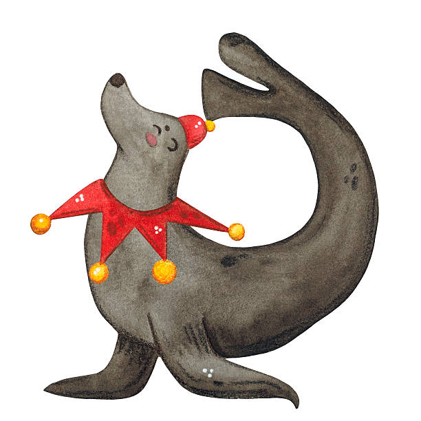A seal in a red cap performs in the circus, watercolor illustration in children's style. Circus, carnival, children, fun, holiday, birthday, seal, seal, animals, show, performance, red, cap