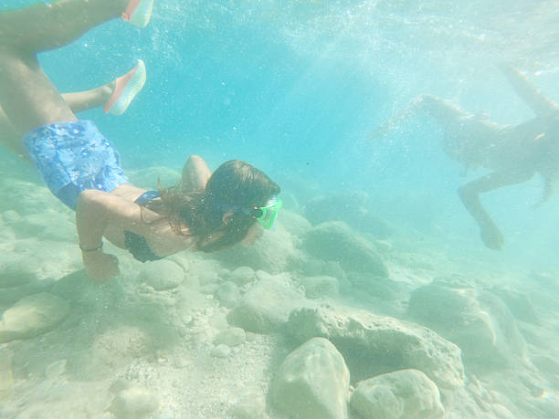 istock Young caucasian children moving down underwater 2218703821