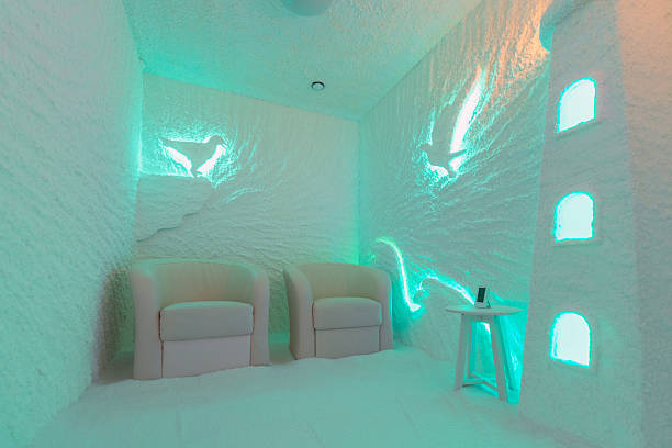istock Serene Salt Room with Glowing Wall Art and Comfortable Seating 2218706416