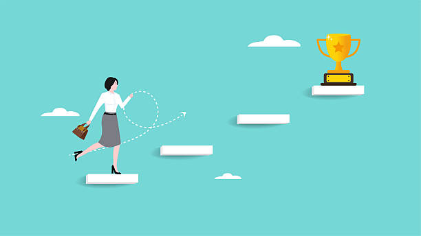 istock stairway to victory or success illustration, career path or step to achieve business target and goals, businesswoman running up stairs to reach trophy of success concept vector illustration 2218709126
