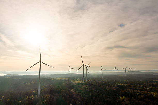 istock Aerial view with wind turbines farm inside a forest at sunrise 2218712022