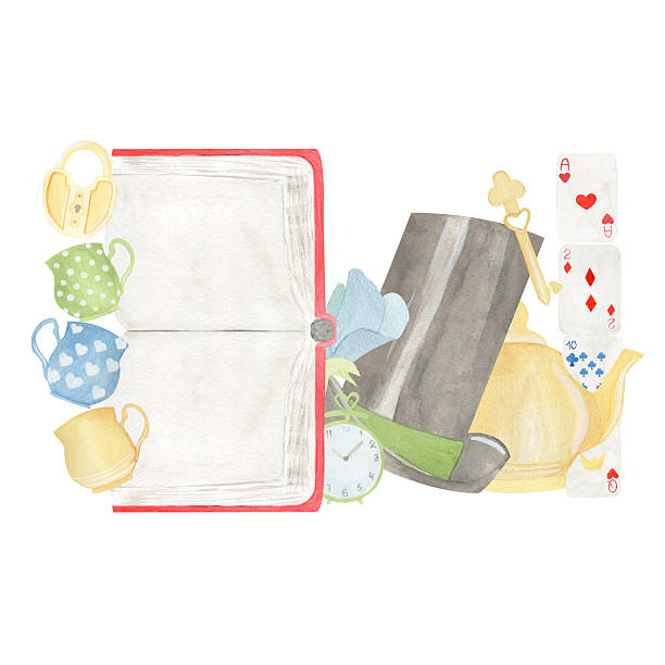 istock Watercolor collage with a blank open book, teacups, top hat, teapot, clock, key, lock, flower, and playing cards. Whimsical style, great for stationery, invitations, or story-themed designs. 2218713745