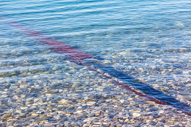 A long red object is floating in the water. The water is clear and calm. The object is partially submerged in the water