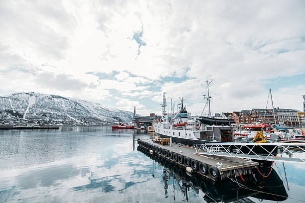Serene harbor with docked boats reflecting on calm water. Snow-covered mountains in the background. Peaceful winter day in a coastal town marina.
