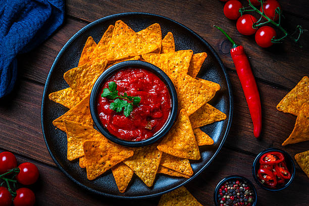 istock Nacho chips and salsa shot from above on wooden table 2218721062
