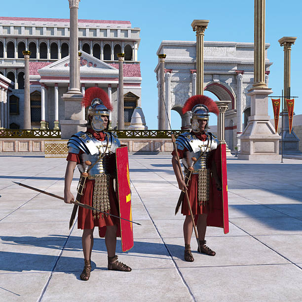 Computer generated 3D illustration with two Roman centurions in a Roman Forum