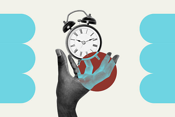 istock Hand reaching out for clock, time management concept in black and white pop art style 2218724363