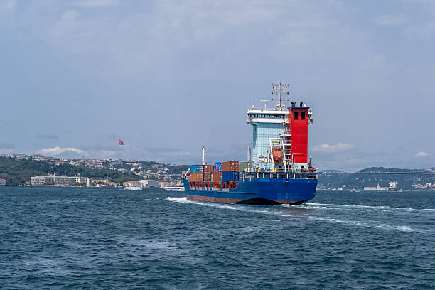 istock Container ship navigates Bosphorus Strait with city skyline in the background under clear skies 2218724393