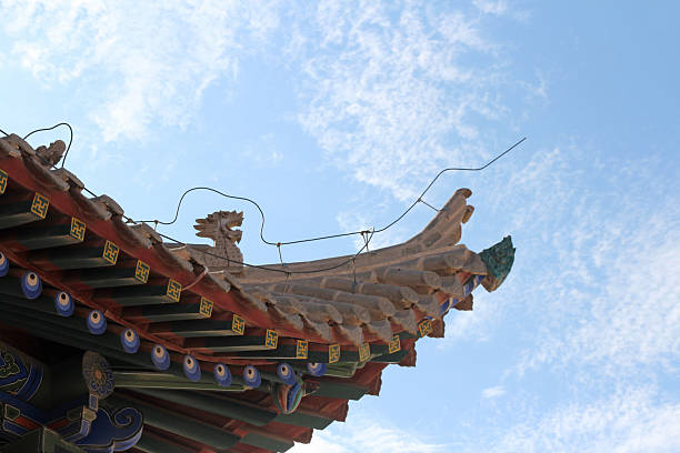 istock Ancient Chinese architecture roof with flying eaves and carved dragon head 2218728749