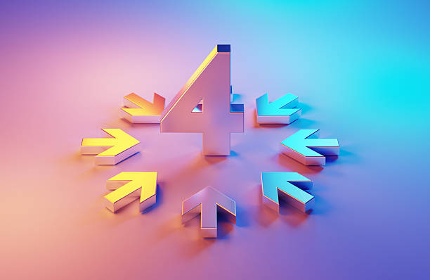 istock Metallic Number 4 And Arrows Illuminated By Blue And Magenta Lights 2218733042
