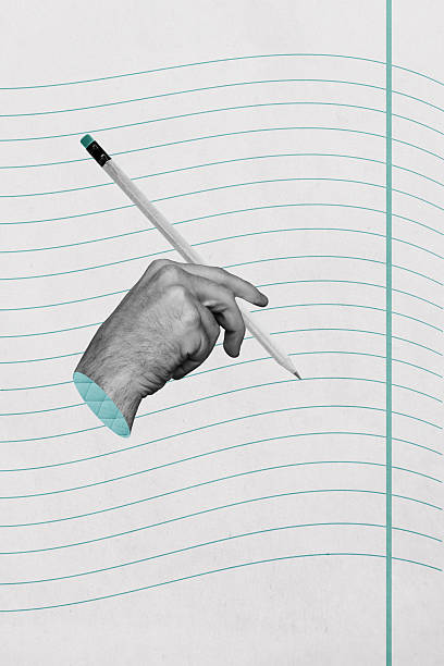 istock Composite artwork 3D photo collage trend template of copybook sheet line student education knowledge hand hold pencil write draw paint 2218735531