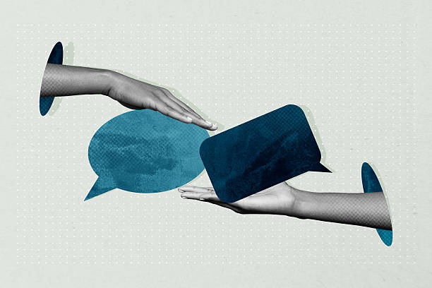 istock Collage of hands person people using speech bubbles representing chatting online messaging social media communication 2218735553